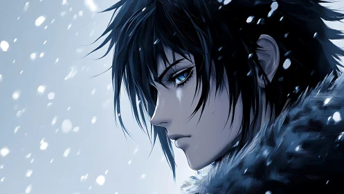 Melancholic dark haired anime boy stands in quiet snowfall