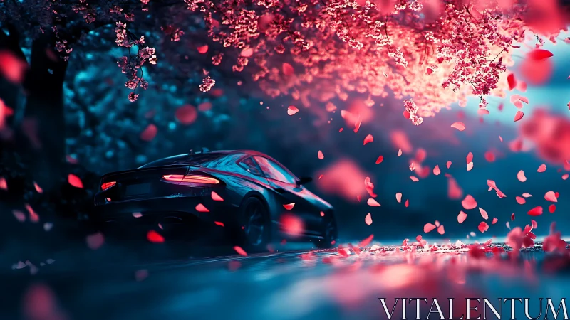 Sports car glides under neon cherry blossoms in motion blur