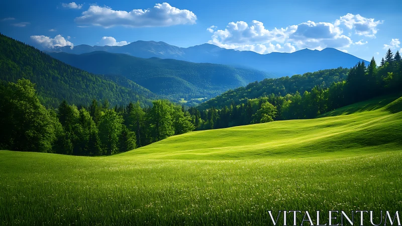 Layered mountain landscape with sunlit meadow foreground.