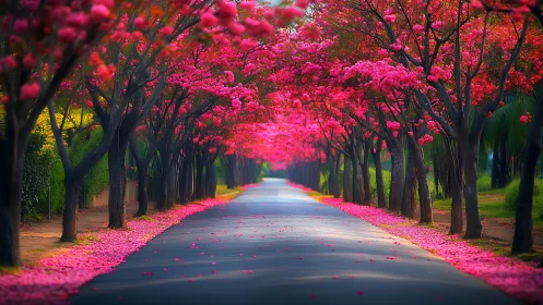 Blossom tunnel boulevard bathed in luminous springtime pinks.