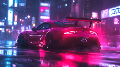 Neon pink sports car glows boldly in a rainy city night