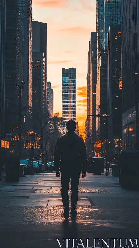Silhouette wanderer crossing a neon dusk canyon of glass.