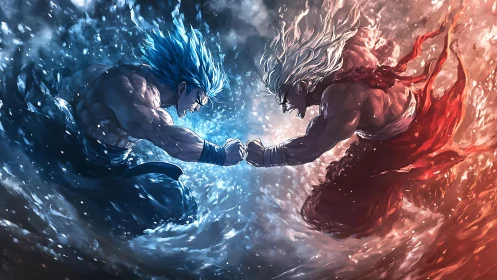 Elemental warriors collide in explosive blue red power clash.