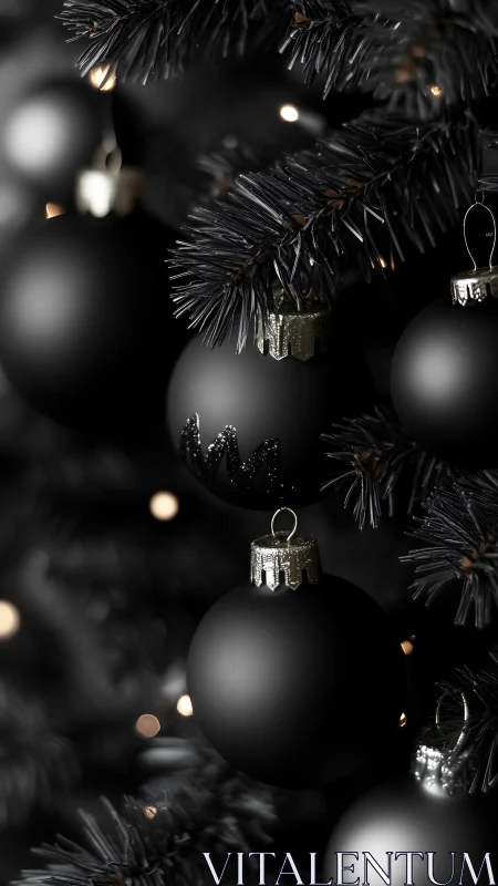 Monochrome ornaments hang on artificial tree branches in focus