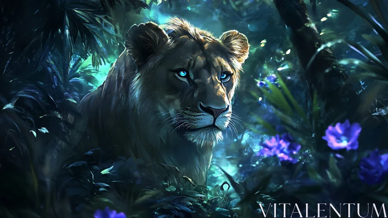 Lioness with blue eyes in dense glowing jungle foliage.