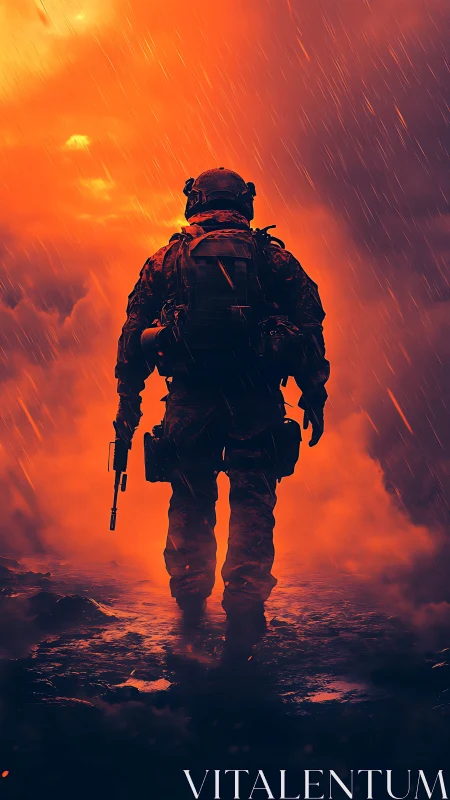 Armored soldier walks into burning stormlit battlefield glow