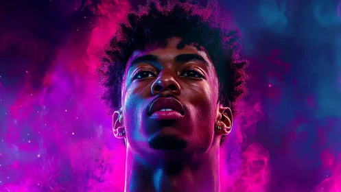 Neon-lit gaze rising through cosmic magenta vapor dream.