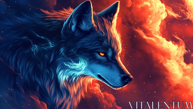Neon wolf profile in dual-tone elemental digital painting.
