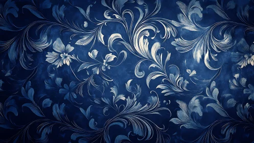 Baroque floral scrollwork rendered as metallic ink over deep blue