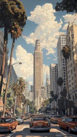 Urban street with vintage cars aligns beneath tall central tower