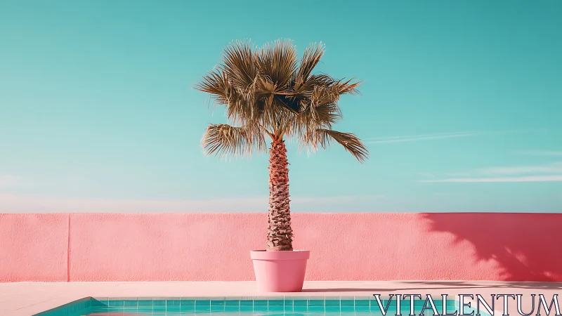 Single potted palm tree stands by turquoise swimming pool