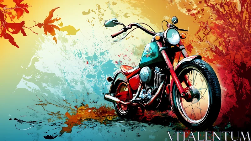 Custom chopper motorcycle against vivid abstract splashes.