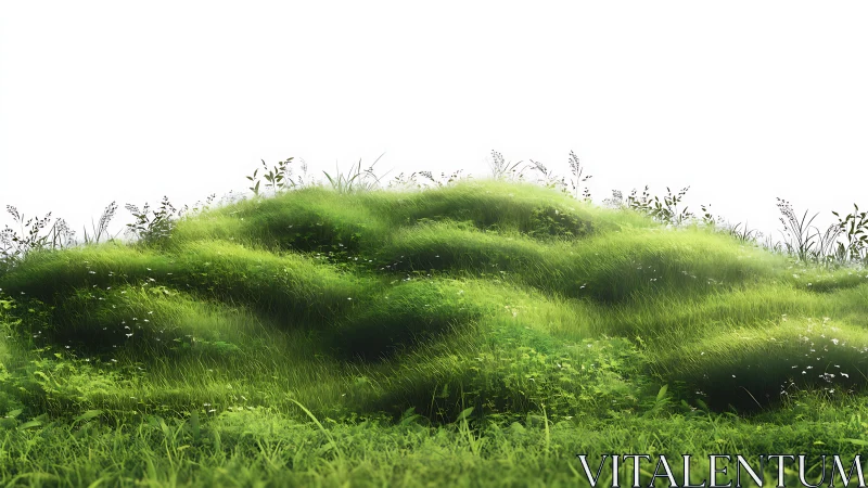 Soft green meadow of sunlit grass and quiet wild growth.