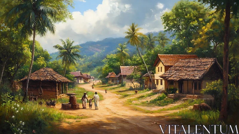 Rural village street extends between trees and hillside