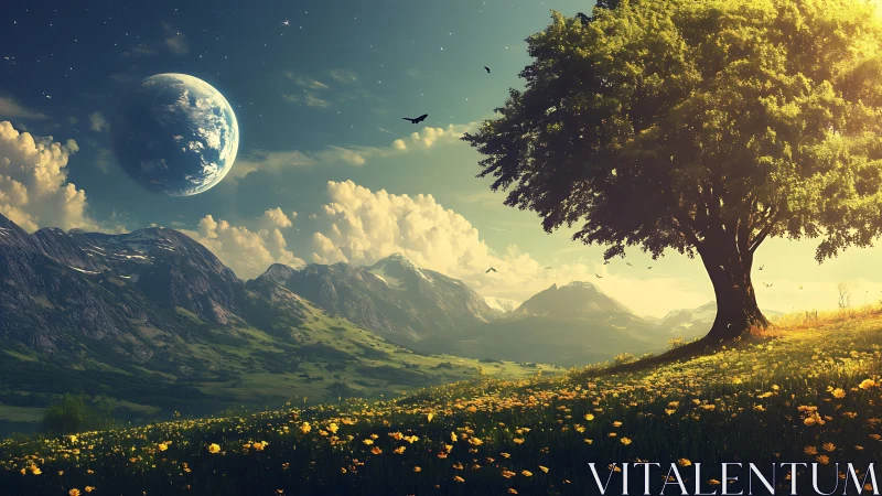 Majestic lone tree beneath colossal distant planet sky.