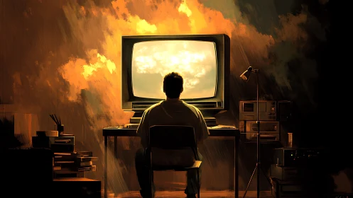 Solitary user studies CRT glow against painterly cloud display