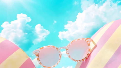 Striped sunglasses with pastel beach balls under sky.