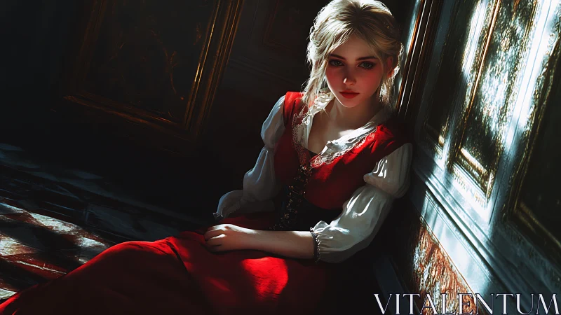 Raking-light portrait of seated girl in scarlet dress.