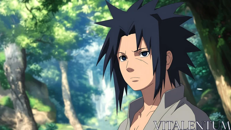 Anime character portrait uses sharp cel shading against forest bokeh