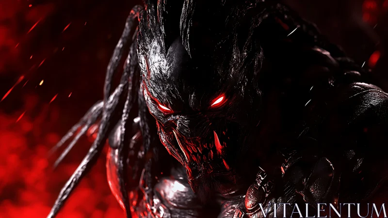 3D infernal biomech predator with high-contrast crimson lighting.