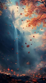 Vertical autumn canyon waterfall with drifting scarlet leaves