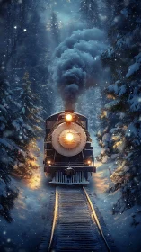Steam locomotive moves through dense snowy forest at night