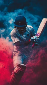 Cricket batter in protective gear amid colored smoke field.