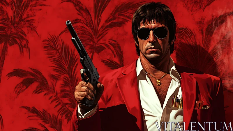 Stylized armed figure in red suit before palm frond backdrop.