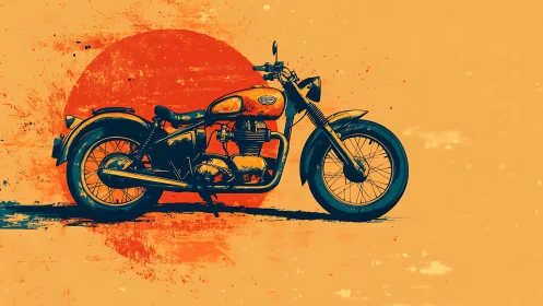 Vintage motorcycle stands before bold sunburst circle.