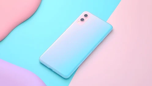 Sleek pastel smartphone on abstract pink and blue background.