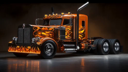 Custom orange semi truck with flame graphics in studio.