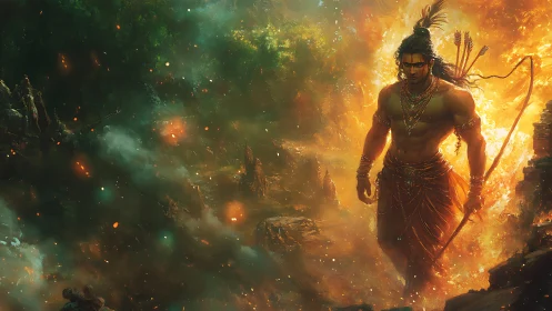 Fiery warrior demigod strides through a burning mythic forest.