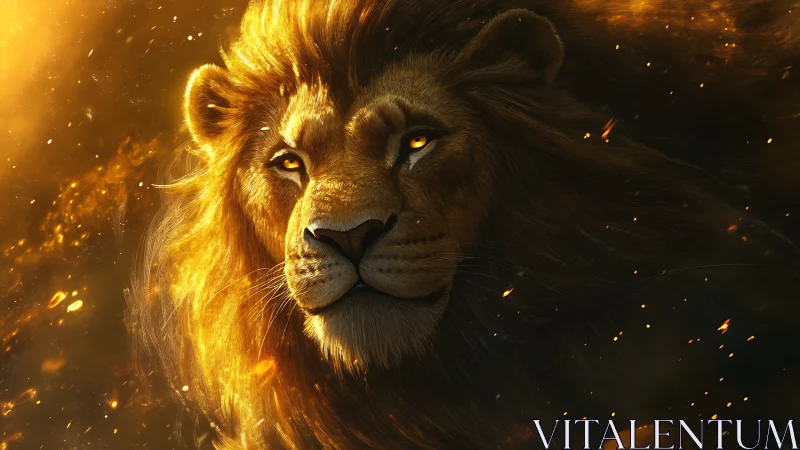 Majestic lion portrait in glowing golden embers.