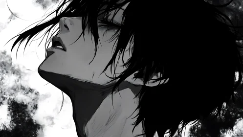 Monochrome profile of pensive figure amid swirling clouds.