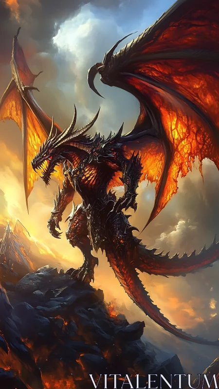 Infernal armored dragon over volcanic ridge at sunset.