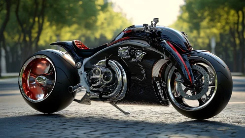Futuristic hubless-wheel cruiser motorcycle in urban daylight.