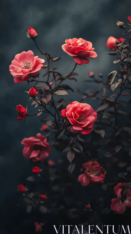 Crimson Blooms Dance Through Stormy Silence.