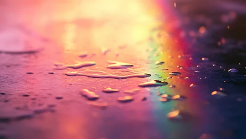 Rainbow puddle whispers under neon-touched twilight glow.