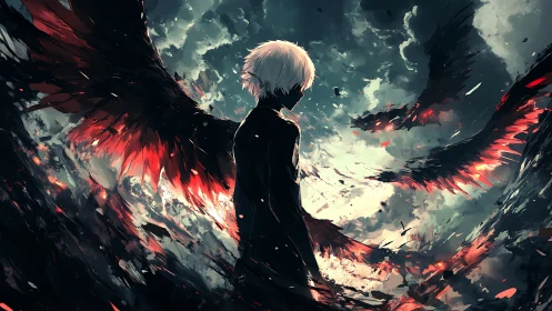 Winged duskwalker amid shattering stormfire skies.