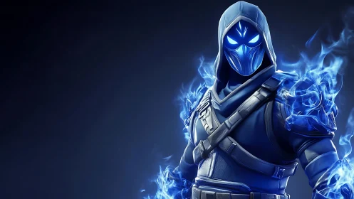 Hooded cyber warrior radiates blue spectral flame energy