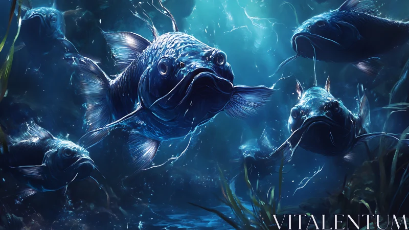 Midnight catfish squadron cruises through electric blue depths