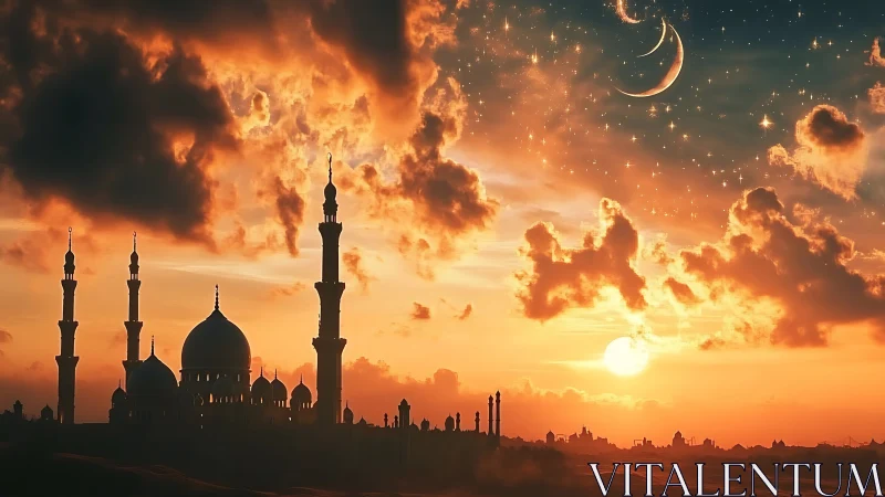 Twin skies converse above a glowing crescent city