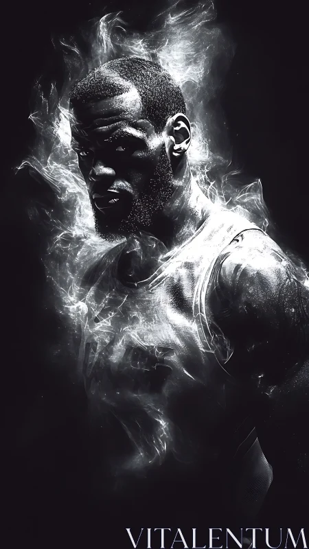 Smoldering basketball figure in monochrome vapor glow.