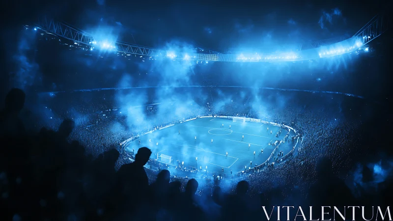 Nebula-lit football stadium drenched in electric blue night.