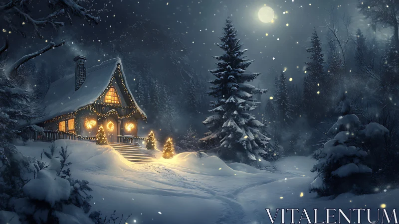Moonlit cabin glow in a snow-soft forest hush of winterdreams.