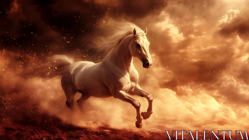 Radiant white horse charges through glowing storm clouds