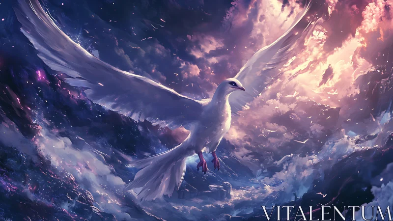 White dove with extended wings flies through glowing clouds