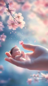 Miniature newborn cradled in hand under soft cherry blossoms