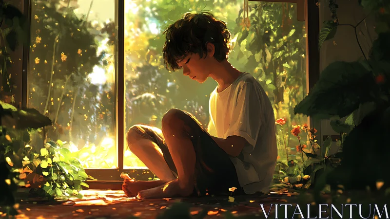Quiet morning light wraps a thoughtful boy in garden calm