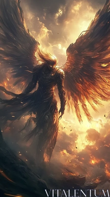Seraphic fireborn warrior against stormlit infernal sky.